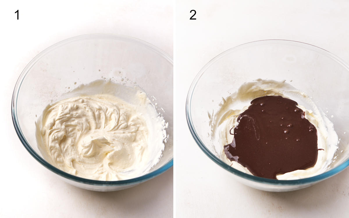 Chocolate ice cream bars in preparation; on the left, a bowl of whipped cream, and on the right, the same bowl with added condensed milk and cocoa powder.