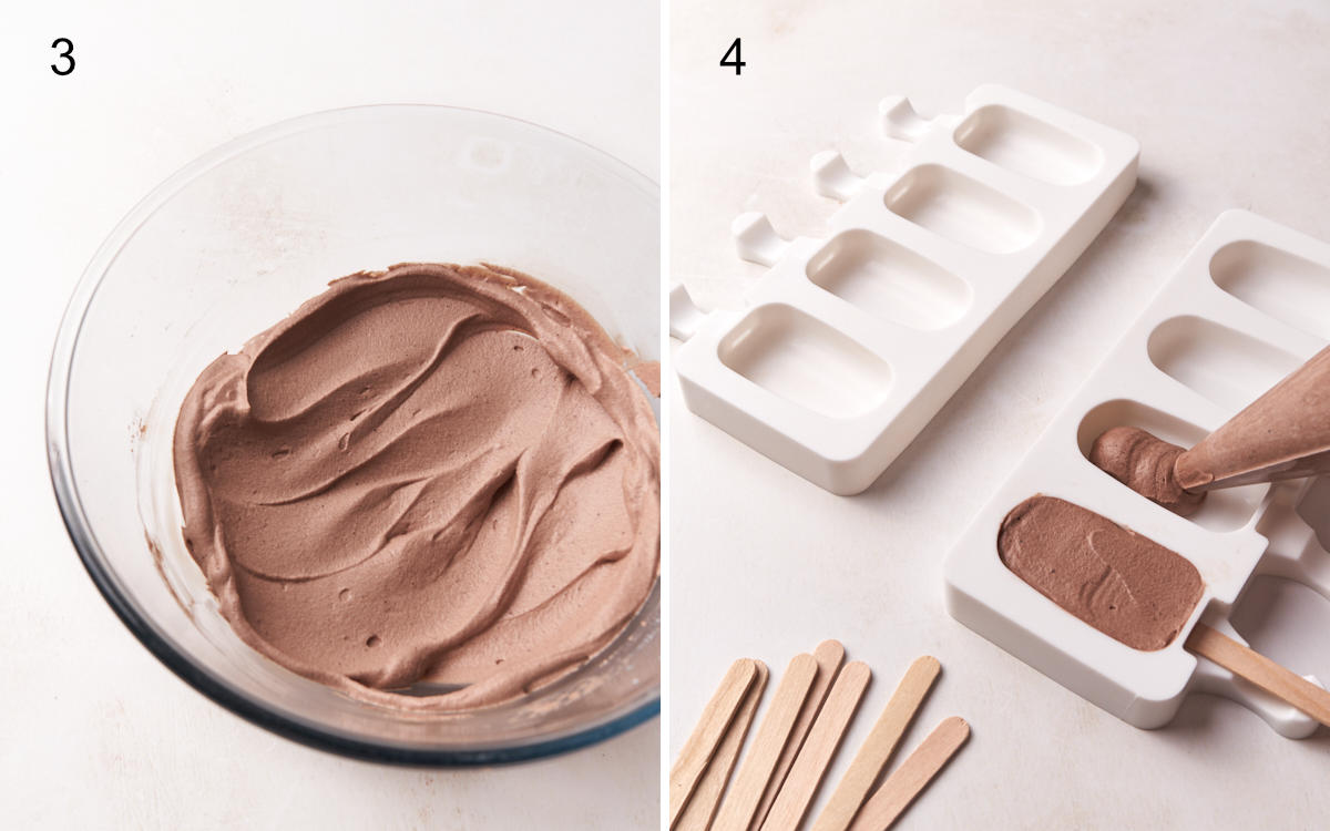 Chocolate ice cream bars in preparation; on the left, a bowl of chocolate ice cream mixture, and on the right, the mixture being poured into molds.