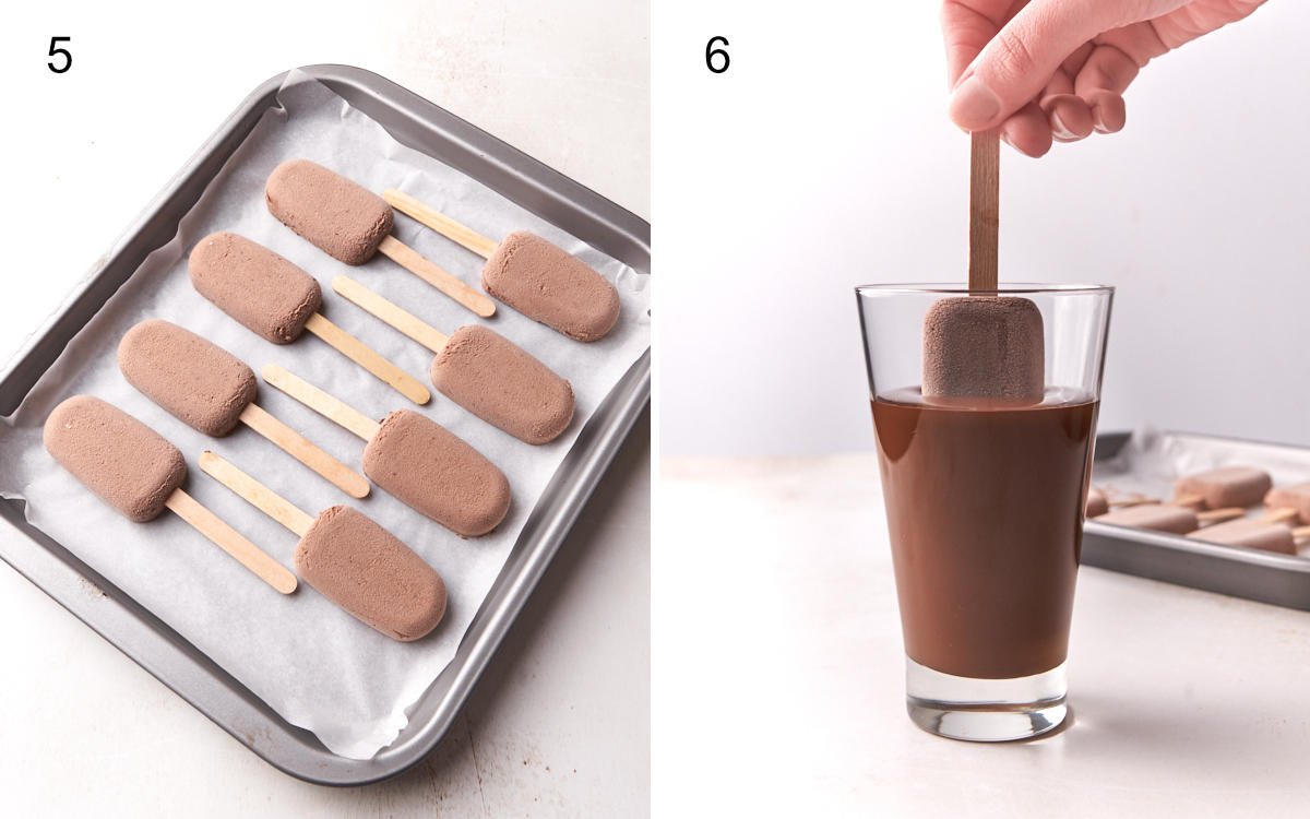 Chocolate ice cream bars in preparation; on the left, the frozen bars, and on the right, one being dipped into melted chocolate.